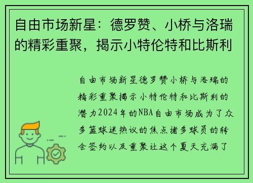 自由市场新星：德罗赞、小桥与洛瑞的精彩重聚，揭示小特伦特和比斯利的潜力