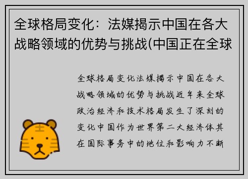 全球格局变化：法媒揭示中国在各大战略领域的优势与挑战(中国正在全球战略层面建立起一种什么格局)
