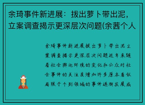 余琦事件新进展：拔出萝卜带出泥，立案调查揭示更深层次问题(余茜个人资料)