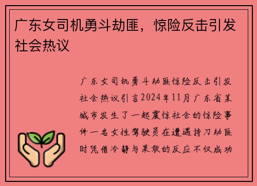 广东女司机勇斗劫匪，惊险反击引发社会热议